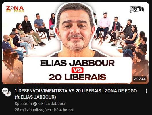 Print do vídeo: 1 desenvolvimentista vs 20 liberais. Ao centro, Elias Jabbour