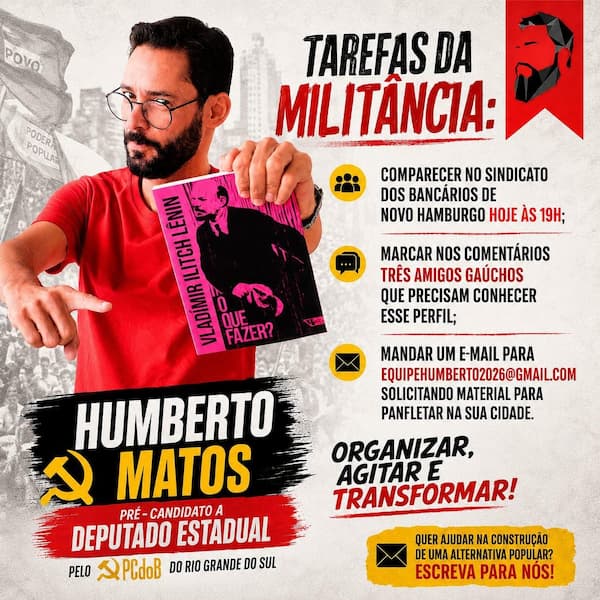 Humberto Matos ao centro segurando o livro O que fazer, de Lenin. No topo, o título 'tarefas da militância'.